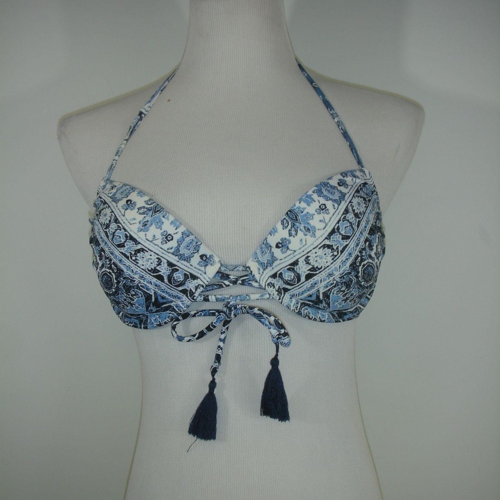 Xhilaration Blue Boho Tassel Bikini Top Medium Halter Tie Floral Festival Swim